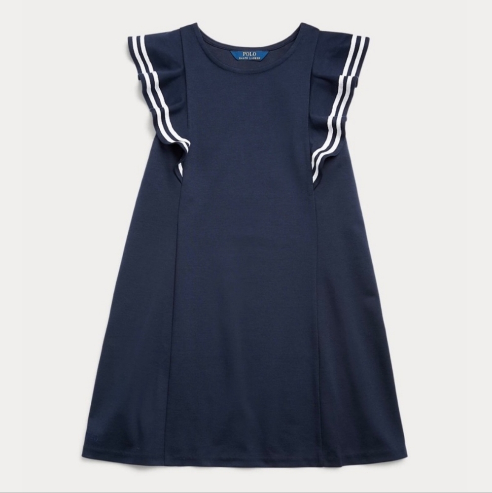 NWT Polo Ralph Lauren Cruise I Blue Ruffled Stretch Ponte Flutter Dress L 12-14 - Picture 1 of 5